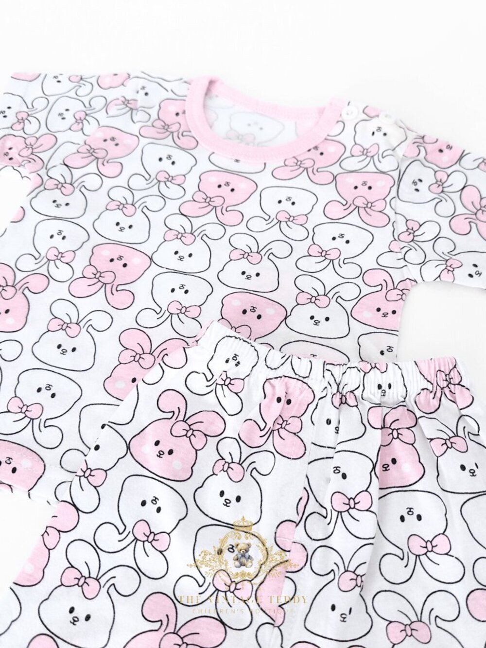 NWT Cute Girls Matching Set Kids T-shirt Shorts 2-Piece 100% Cotton Bunny 9-12M - Picture 3 of 3